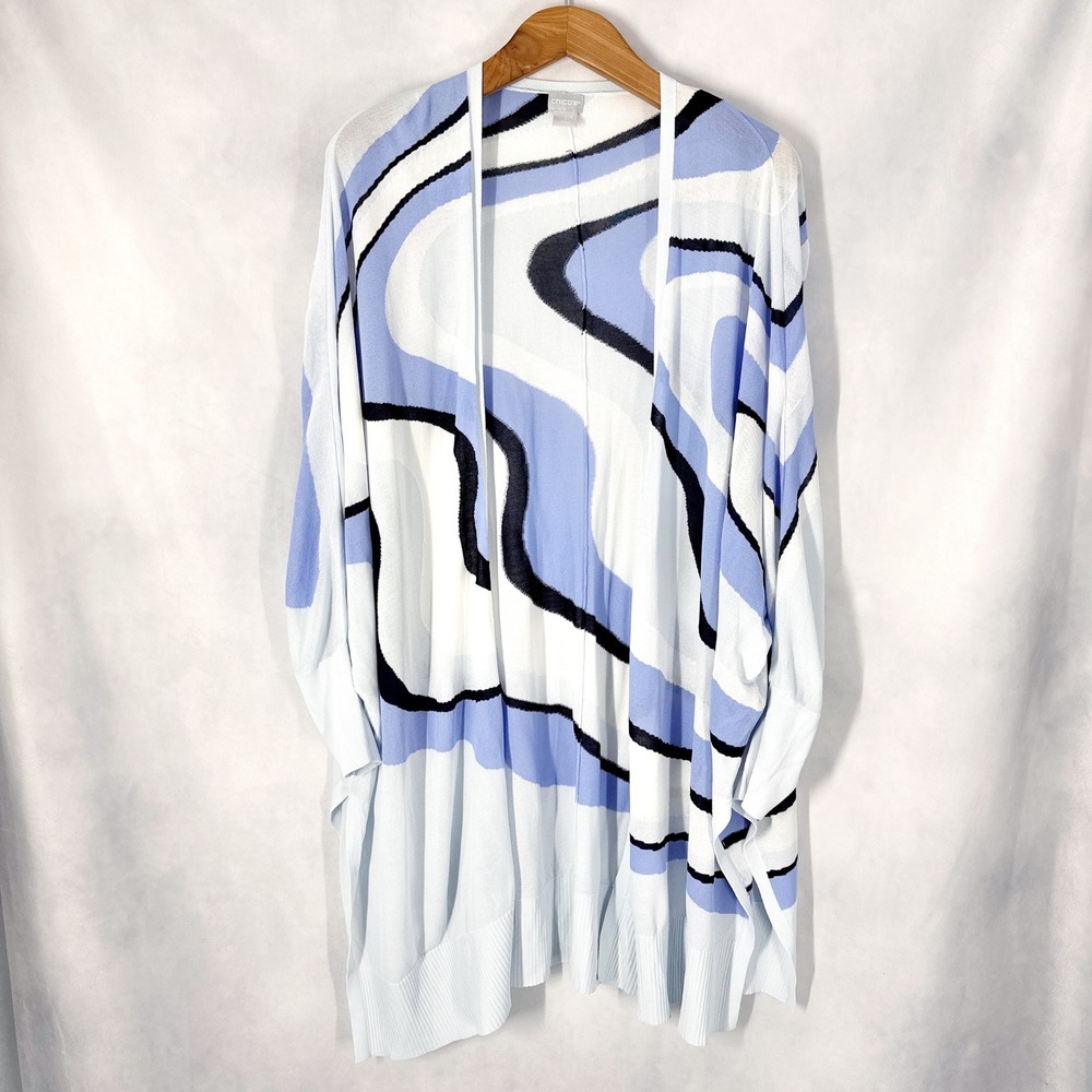 Chico's Sz 2 Dolman Sleeve Swirl Abstract Blue Duster Cardigan Womens Size Large
